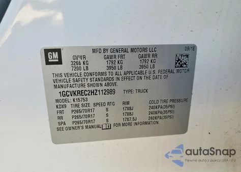 2017 Chevrolet Silverado K1500 Lt из США, поврежденный, VIN 1GCVKREC2HZ112989